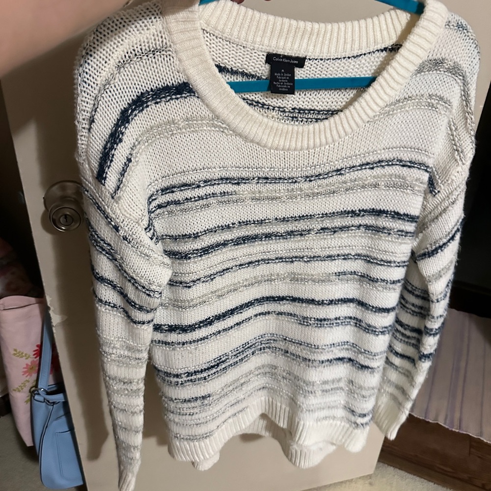 Calvin Klein Jeans Cozy White and Blue Crew Neck Sweater